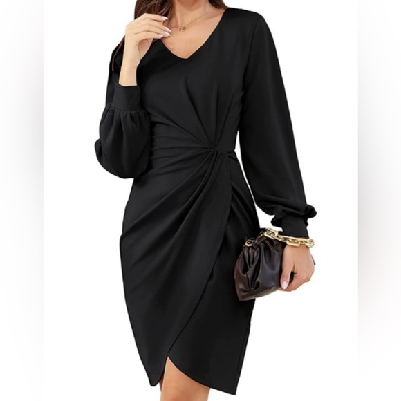 Long sleeve V neck Twist Front Split Stretchy Bodycon Dress Size L - Picture 3 of 6